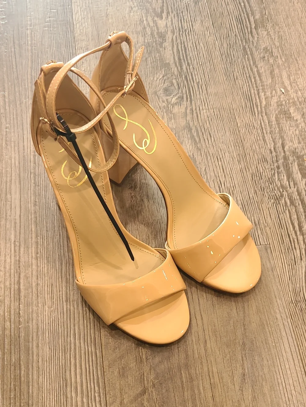Sam Edelman Robyn  Beige Patent Ankle-Strap Block Heels